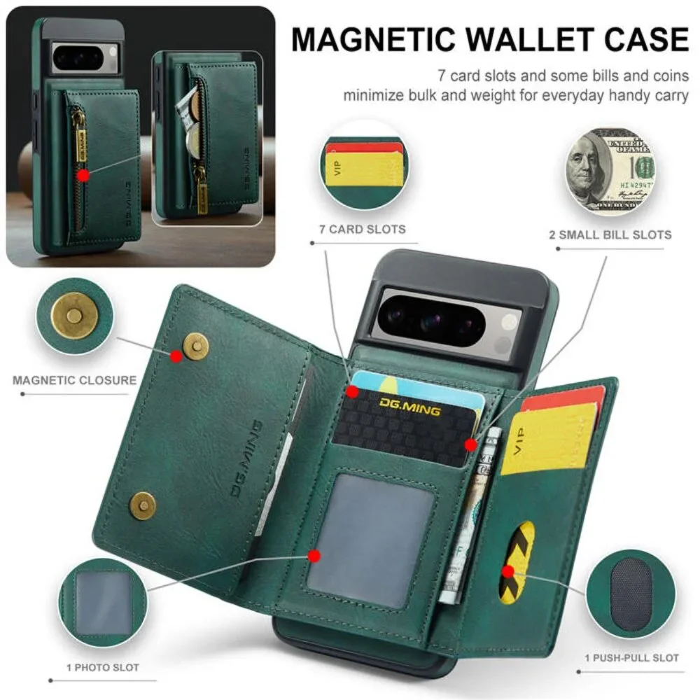 DG.MING M5 For Pixel‎ 8 Pro Magnetic Detachable Zipper Wallet Case RFID Blocking